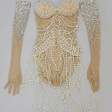 Diamond & Pearl Body Chain Illusion Catsuit Long-Sleeve Mesh Jumpsuit Stage Costume