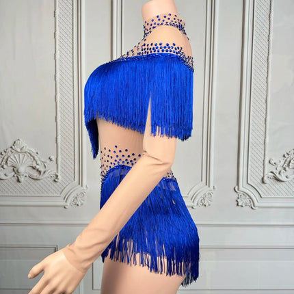 Sparkly Rhinestone Tassel Fringe Dance Performance Costume Stage Bodysuit