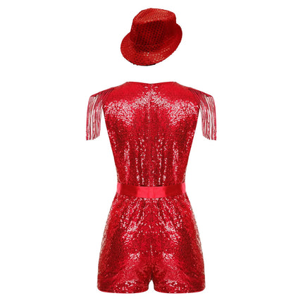 Sequin Tassel Romper, Adjustable Belt & Matching Hat Stage Dance Costume Set