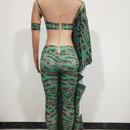 Irregular Single Sleeve Leopard Jumpsuit Green Tight Women Singer Stage Wear Nightclub Party Stage Performance Costume