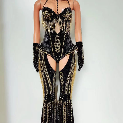 Rhinestone Tassel Hollow-Out Jumpsuit & Stage Performance Dance Romper