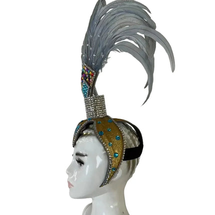 The Stardust Dionysia – Silver & Charcoal Feather Carnival & Masque Ball Headdress