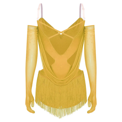 Sparkly Rhinestone & Tassel Fringe Dance Leotard with Gloves Two-Piece Stage Costume