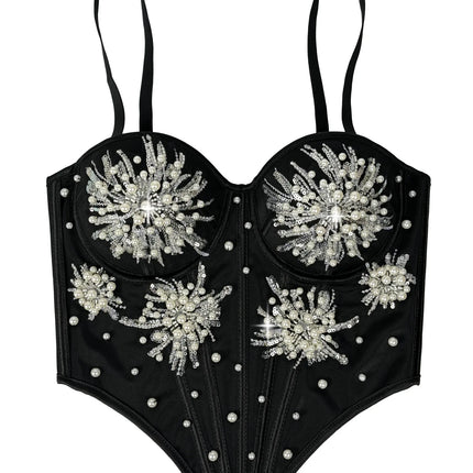 Pearl & Sequin Embroidered Floral Bustier Corset Top Asymmetric Camisole Bralette