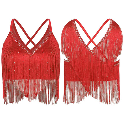 V-Neck Crisscross Back Tassel Fringe Crop Top Latin Salsa Dance Costume