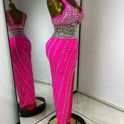 Hot Pink Rhinestone & Tulle Inset Open-Leg Maxi Evening Gown