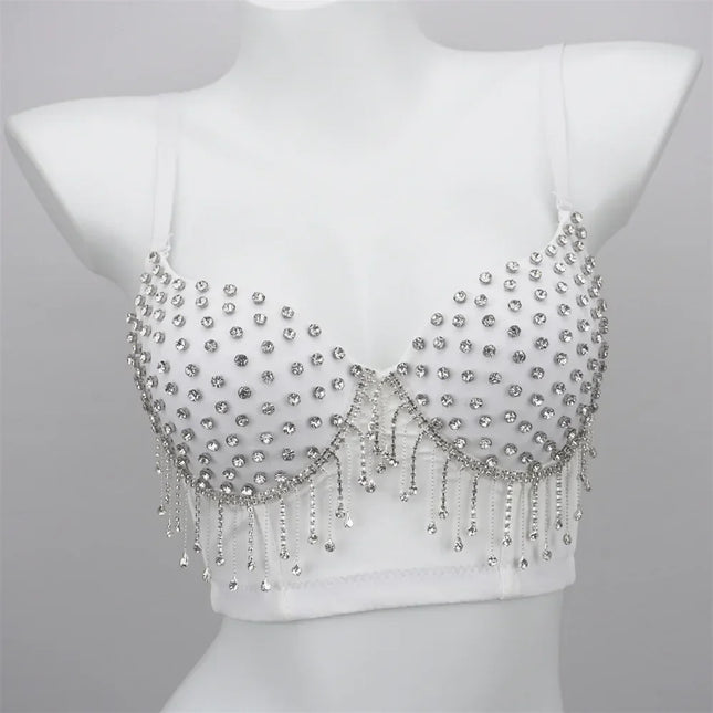 Sparkly Rhinestone Corset Tank Top Showgirl Stage Performance Bra Bustier