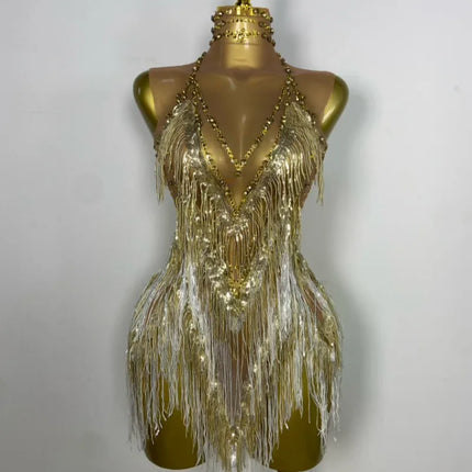 Sparkly Rhinestone & Tassel Fringe Latin Dance Mini Dress Stage Costume