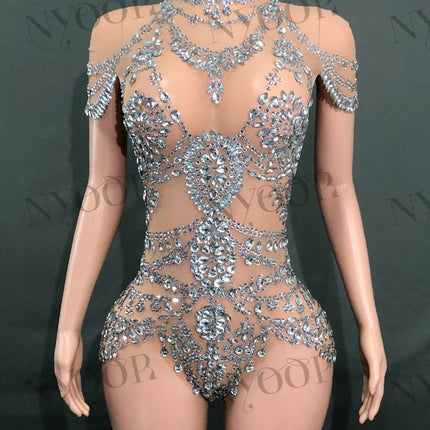 The Stardust Mirage Transparent Bodysuit – Luxury Rhinestone Mesh Stage Wear Leotard