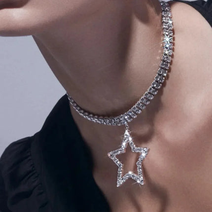 Sparkly Double Layer Crystal Rhinestone Star Pendant Choker Necklace Stage Jewelry