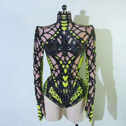 Futuristic Cyber Armor Rhinestone Bodysuit Mock Neck Sleeveless Stage Dance Costume