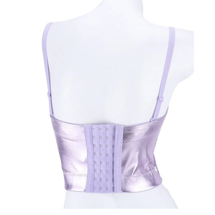 Purple Metallic PU Leather Bustier Corset Crop Top High Street Bralette