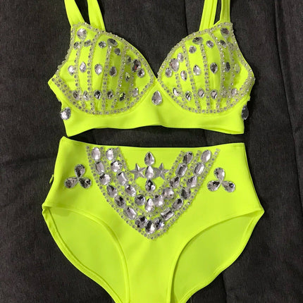 Rhinestone Bikini Bra & High-Waist Shorts 2-Piece Performance Costume Set
