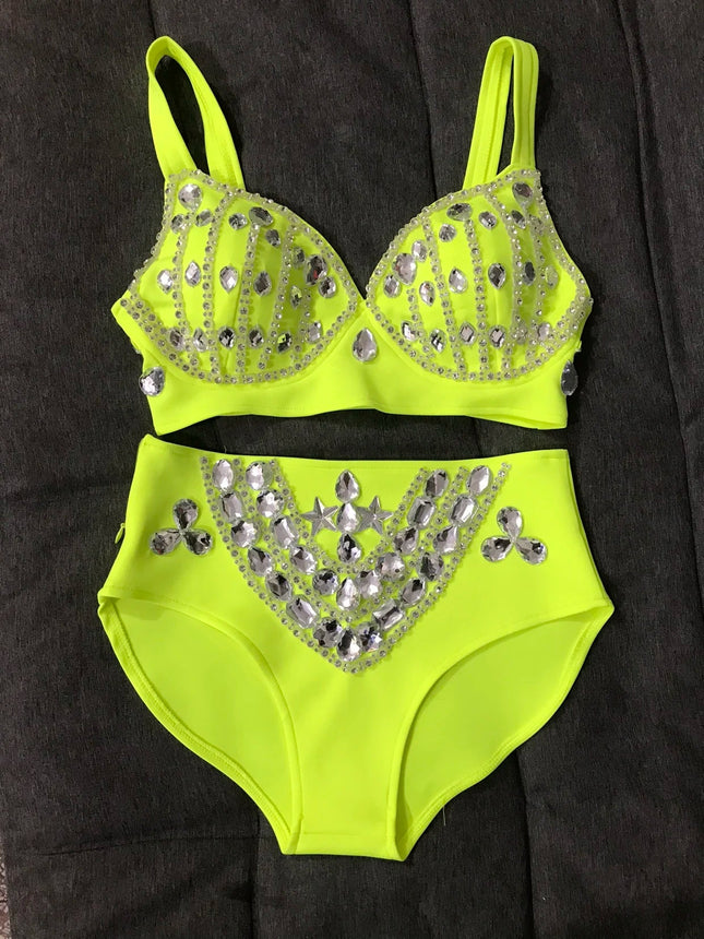 Rhinestone Bikini Bra & High-Waist Shorts 2-Piece Performance Costume Set