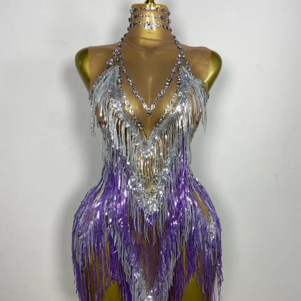Sparkly Rhinestone & Tassel Fringe Latin Dance Mini Dress Stage Costume