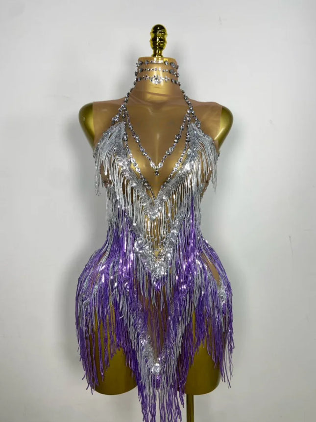 Sparkly Rhinestone & Tassel Fringe Latin Dance Mini Dress Stage Costume