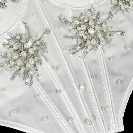 Pearl & Sequin Embroidered Floral Bustier Corset Top Asymmetric Camisole Bralette