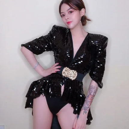 Sequined Shoulder Pad Tuxedo Leotard & Stage Performance Costume