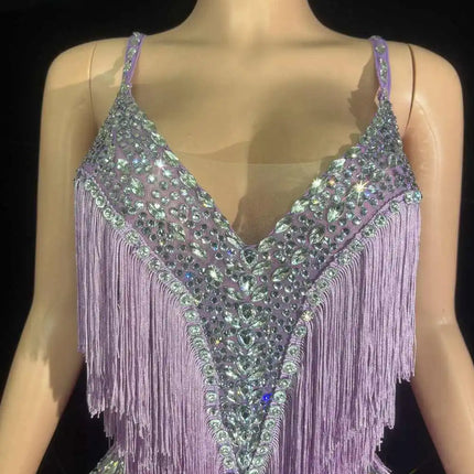 Sparkly Rhinestone & Tassel V-Neck Bodysuit Stage Performance Costume
