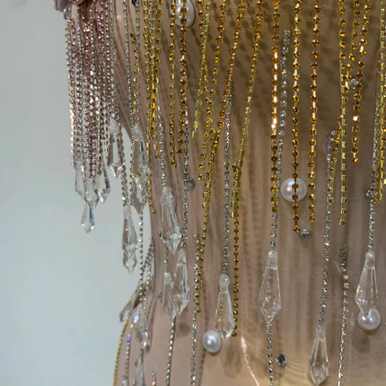 Colorful Rhinestone Pearl Sheer Dress & Two-Piece Mini Skirt Set Celebration Outfit