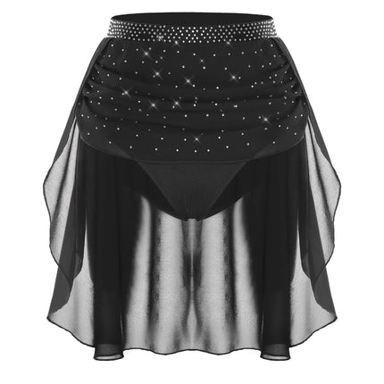 Womens Modern Lyrical Dance Skirt Performance Costume Sparkly Rhinestone Irregular Chiffon Hem Built-in Briefs Skirt Dancewear