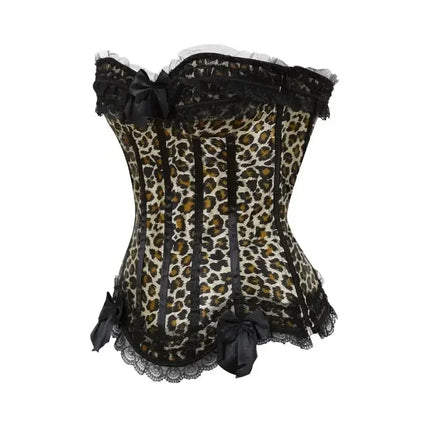 Leopard Satin Overbust Corset Lace Bowknot Clubwear Showgirl Body Shaper