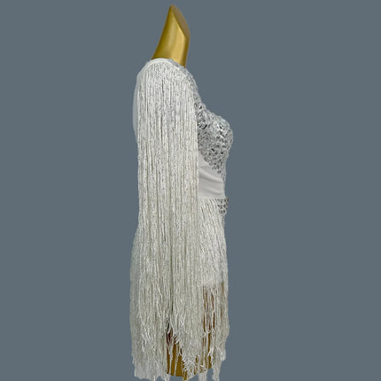 The Stardust Cascade Fringe Bodysuit – Luxury Rhinestone Long-Sleeve Showgirl Costume