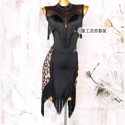 Black Open-Back Leotard & Leopard Print Fringe Skirt Latin Dance Costume Set