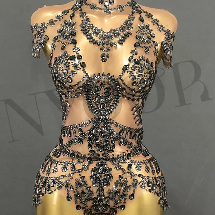 The Stardust Mirage Transparent Bodysuit – Luxury Rhinestone Mesh Stage Wear Leotard