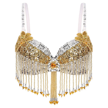 Sparkly Floral Beaded Sequin Belly Dance Bra & Tassel Performance Top