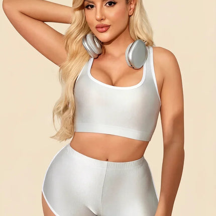 Metallic High-Stretch Crop Tank & Shaping Shorts 2-Piece Activewear Set