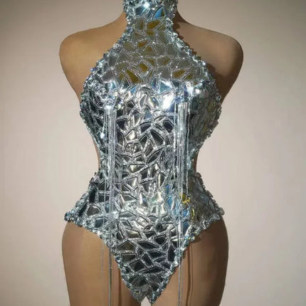 Silver Mirror Asymmetrical Bodysuit, Sculpted Captain Hat & Puffer Bolero Coat 3-Piece Stage Costume Set