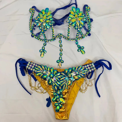 The Stardust Empress Royale – Deluxe Rhinestone Samba Carnival Wire Bra, Panty, Belt & Necklace 4-Piece Costume Set