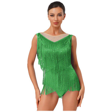 Sparkly Rhinestone & Tassel Fringe Latin Dance Leotard Crew Neck Bodysuit