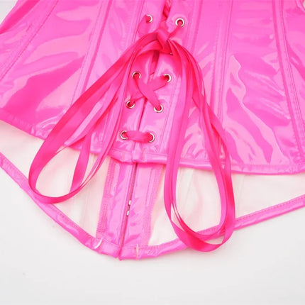 Steampunk PVC Leather Overbust Corset Front Busk Lace-Up Bustier Top