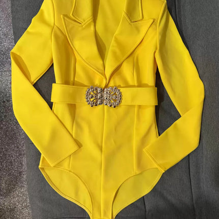 Women's Long Sleeve Blazer Bodysuit with Crystal Belt, V-Neck Zipper Stage & Concert Performance Costume