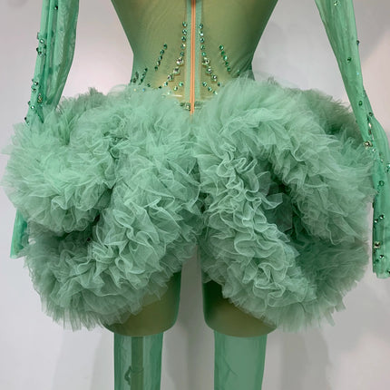 Luxury Green Diamonds Mesh See-Through Long Sleeve Jumpsuit Stage Performance Costume