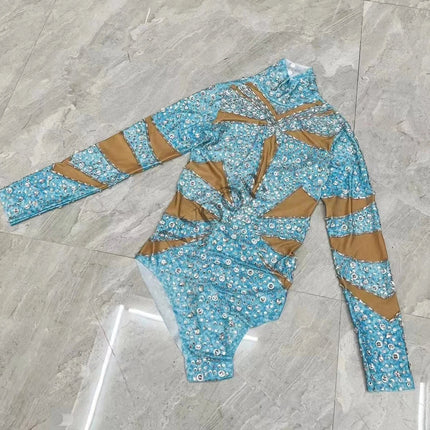 Sparkly Rhinestone Long Sleeve Cutout Bodysuit Stage Performance Dance Leotard