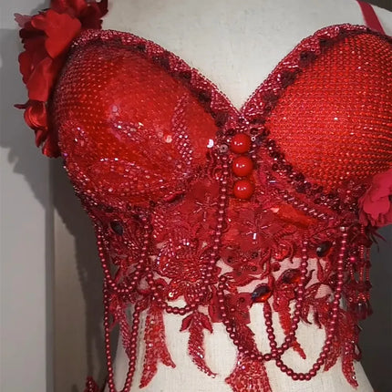 Luxury Red Rhinestones Beads Bikini Set Sexy Nightclub Party Carnival Rave Outfit Model Catwalk Singer Stage Performance Costume