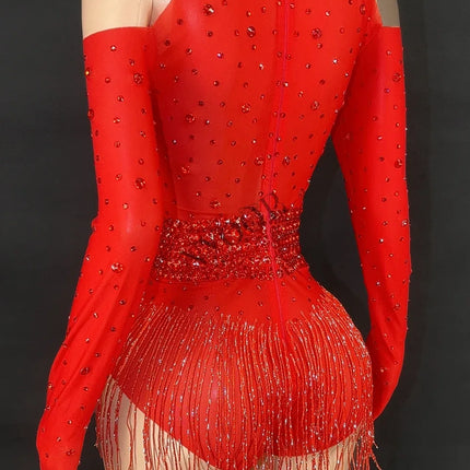 Sparkly Red Rhinestone & Fringe Long-Sleeve Mesh Bodysuit Dance Stage Costume