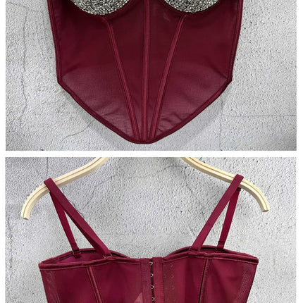 Rhinestone Mesh Denim Bustier Corset Crop Top Push-Up Party Bralette