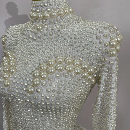 Luxury Full Pearl Long-Sleeved Stage Bodysuit Leotard Evening Performance Costume