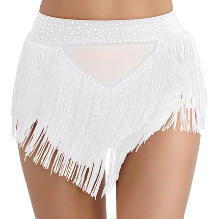 Rhinestone Tassel High-Waist Dance Shorts & Sheer Mesh Fringe Skirt