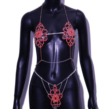 Exaggerated Red Rhinestone Floral Body Chain & Chest Harness Set