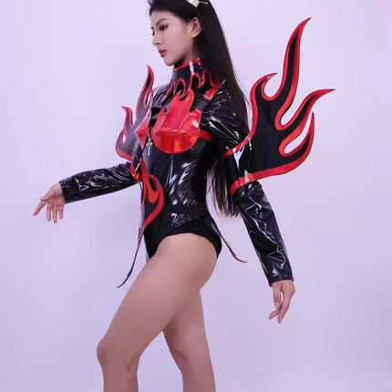 Flame Patent Leather Bodysuit & Sculpted Wing Shoulders 2-Piece Stage Costume Set