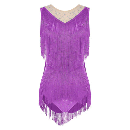 Sparkly Rhinestone & Tassel Fringe Latin Dance Leotard Crew Neck Bodysuit