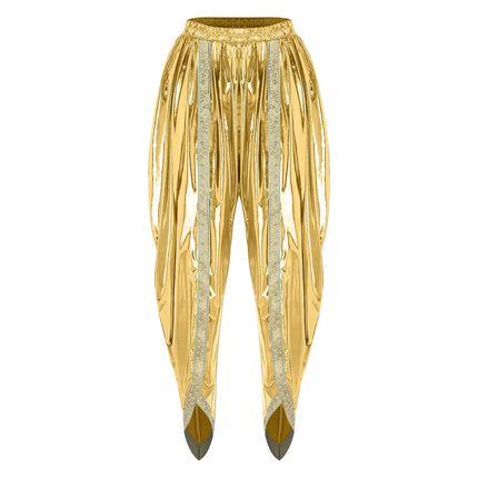 Men's Metallic Shiny Harem Dhoti Pants Gold Brocade Trim Prince Cosplay Costume