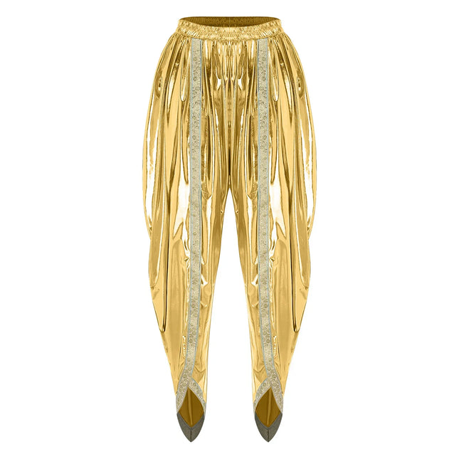 Men's Metallic Shiny Harem Dhoti Pants Gold Brocade Trim Prince Cosplay Costume