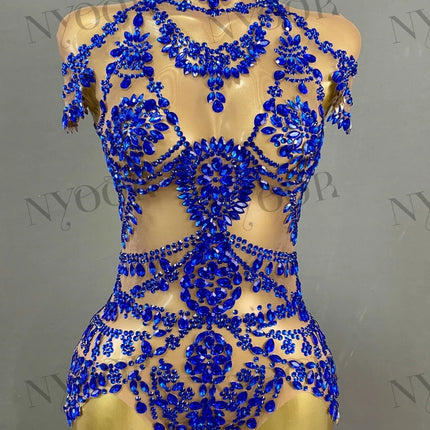 The Stardust Mirage Transparent Bodysuit – Luxury Rhinestone Mesh Stage Wear Leotard