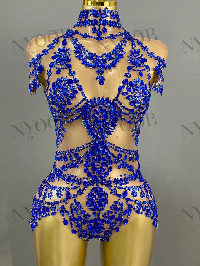 The Stardust Mirage Transparent Bodysuit – Luxury Rhinestone Mesh Stage Wear Leotard